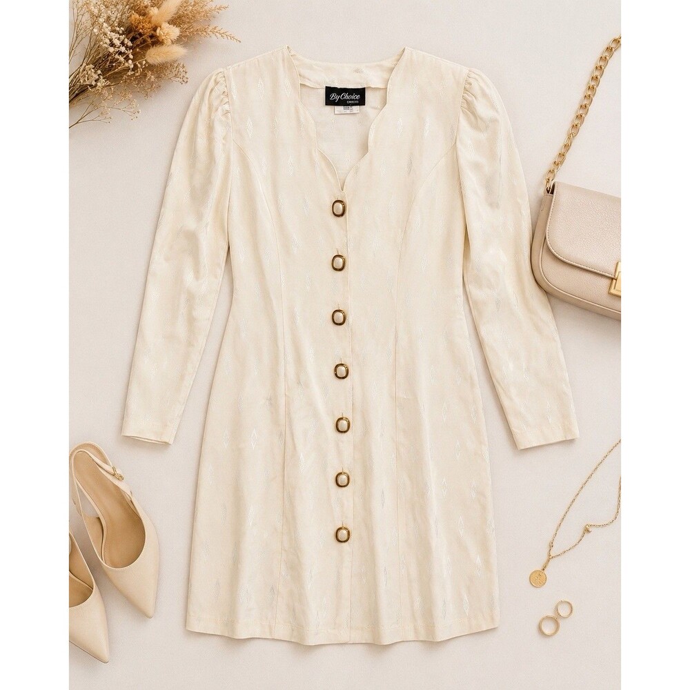 Vintage By Choice Dress Size 7 Ivory Jacquard‎ Button Front Puff Sleeve USA